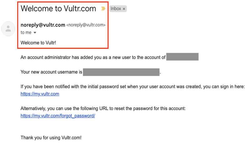 vultr welcome email