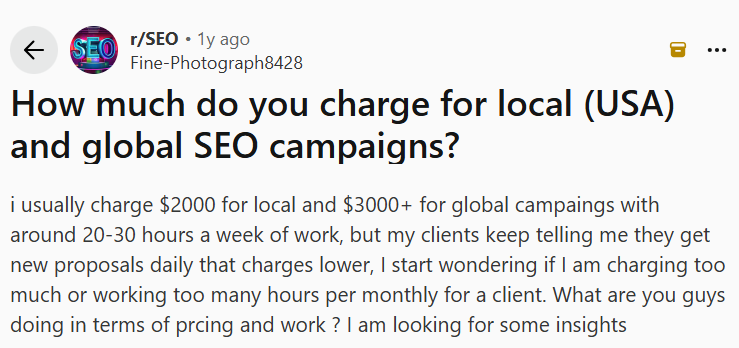 SEO agency pricing discussion (Reddit)
