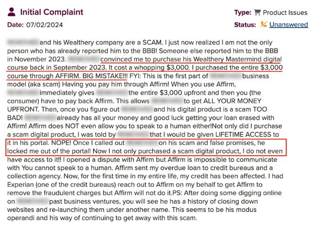 bbb complaint wealthery