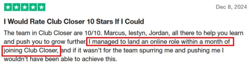 club closer trustpilot success comment