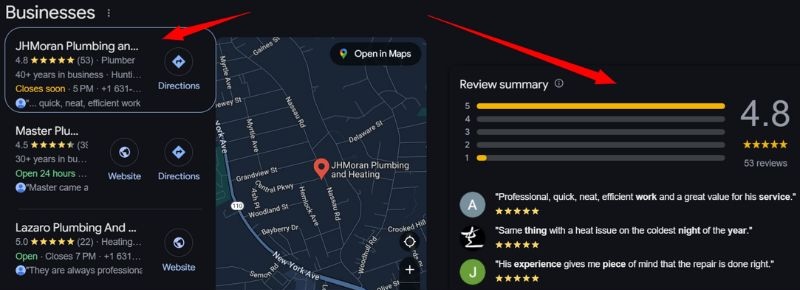 google reviews plumbing search