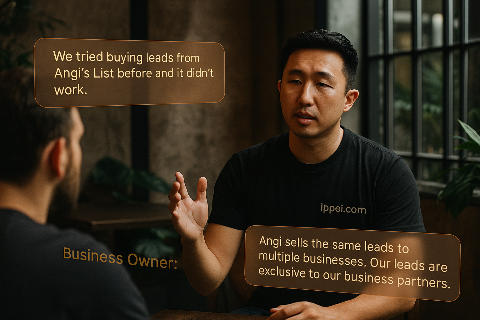 Business owner says, “We tried buying leads from Angi’s List before and it didn’t work.” Ippei says: “Angi sells the same leads to multiple businesses. Our leads are exclusive to our business partners.”