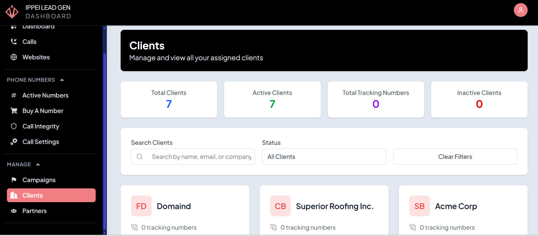 Client portfolio and management dashboard view