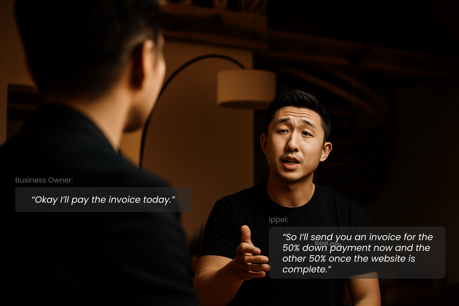 Ippei negotiating payment terms with business owner