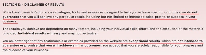 LovetLaunchPad disclaimer of results
