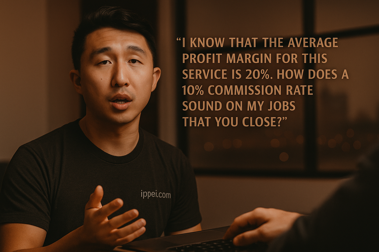 Ippei says: “I know that the average profit margin for this service is 20%. How does a 10% commission rate sound on my jobs that you close?”