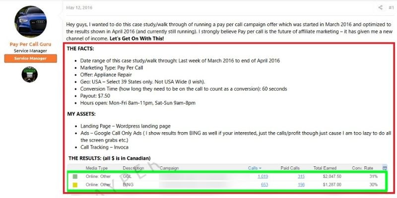 Pay per call agency earnings