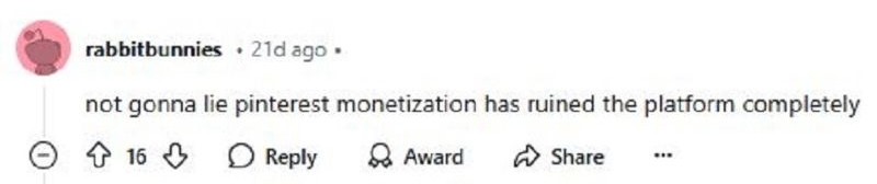 pinterest monetization negative comment
