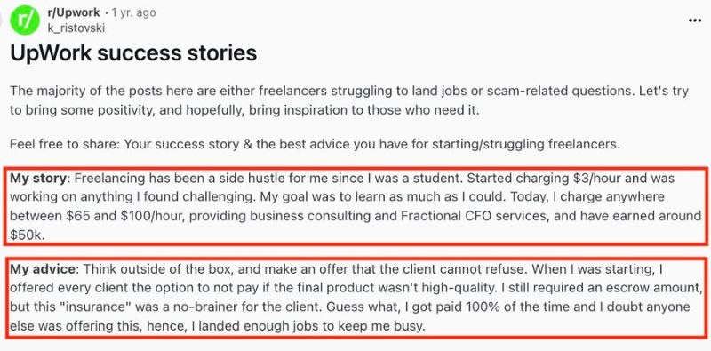 Reddit Upwork success story as a freelancer