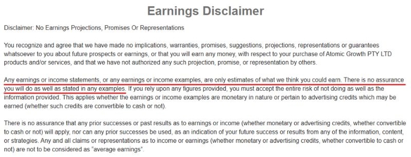 The Freedom Funnel earning disclaimer