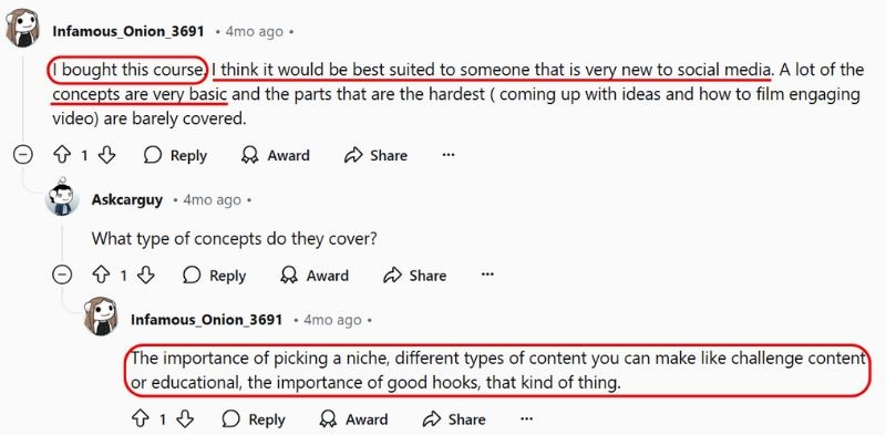 TikTok and Reels Creator Course negative comment