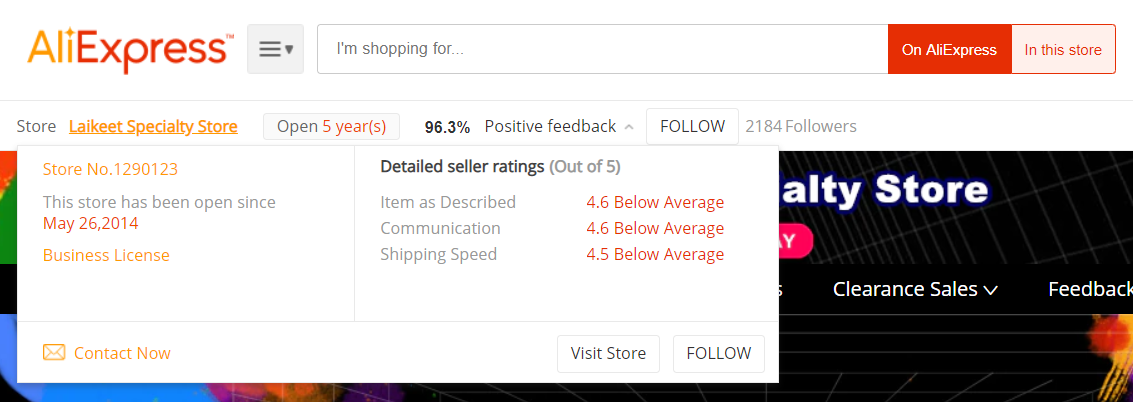 Another example of an AliExpress Supplier, showing the Supplier name, Feedback rating, Detailed Seller Rating, how long the Supplier has been in business and contact details.