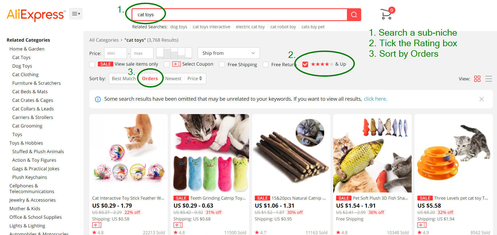 An example of searching and sorting products on AliExpress.