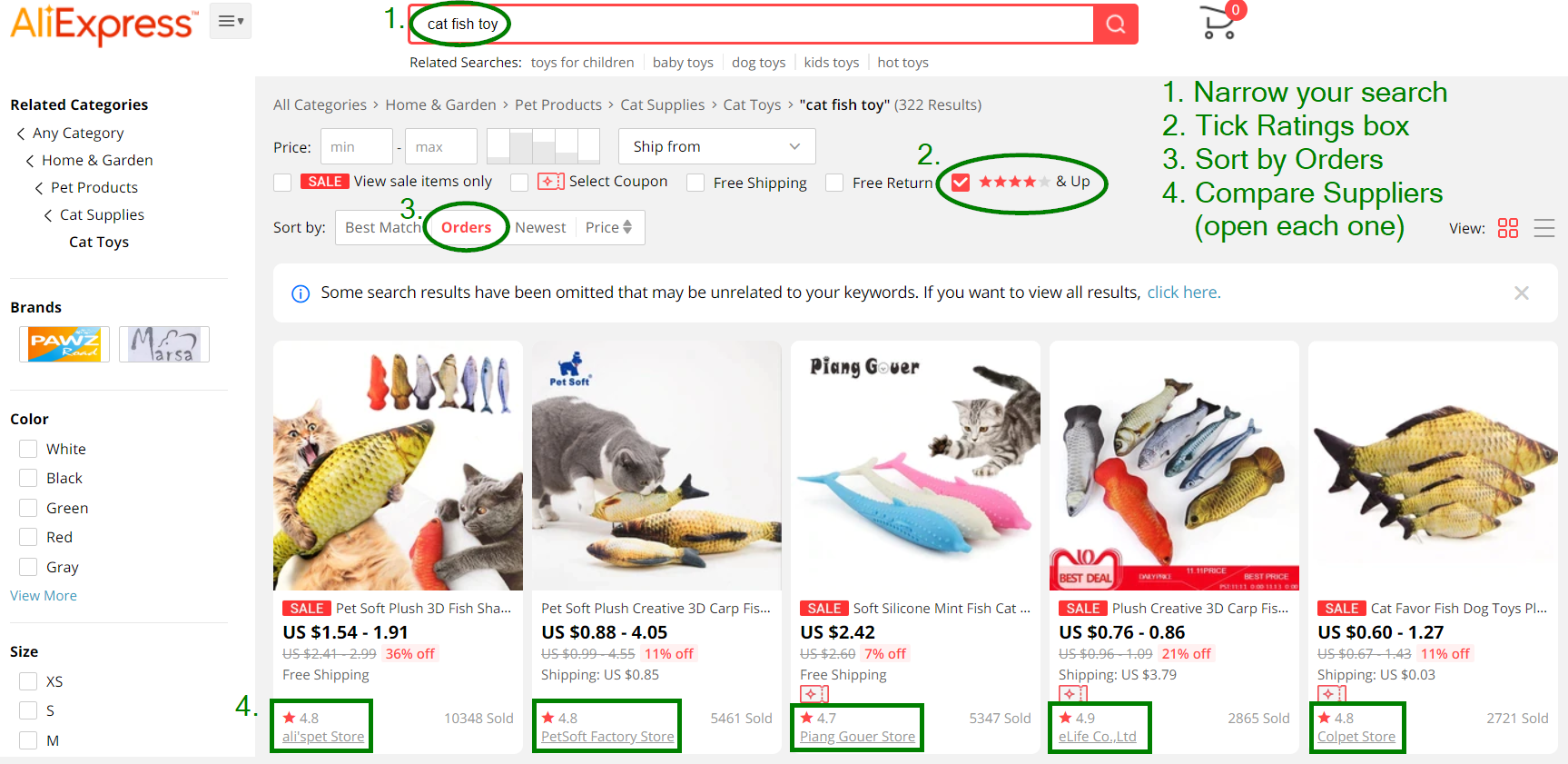 An example of a narrower search for and sorting of products on AliExpress.