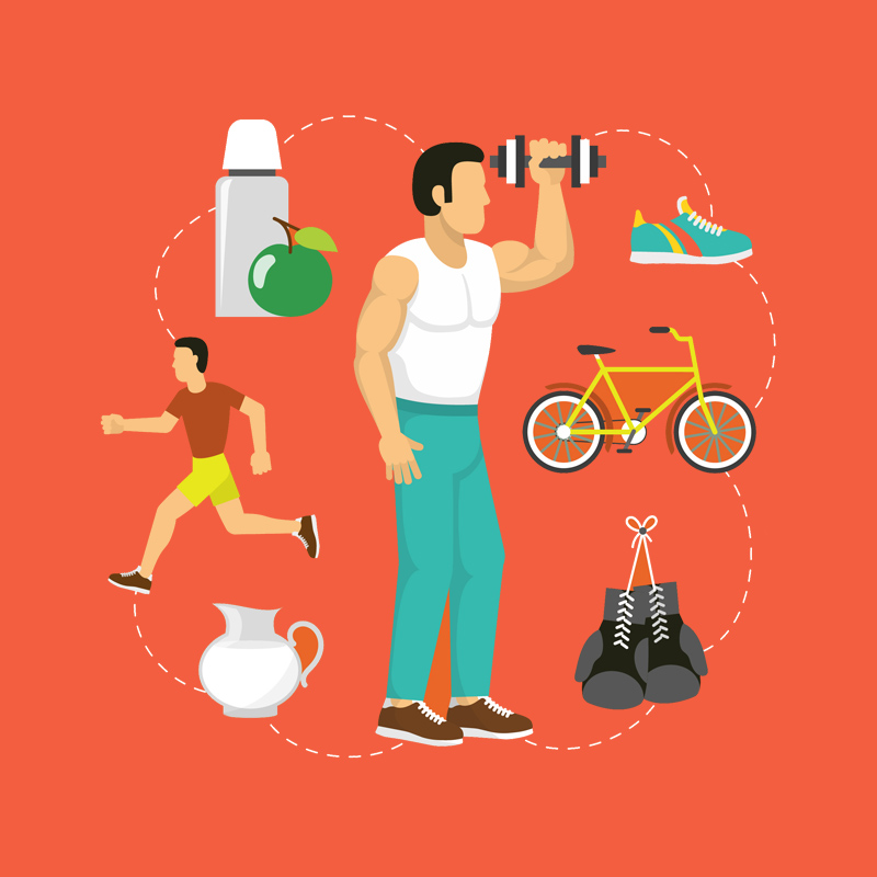 cartoon of man with fitness equipment