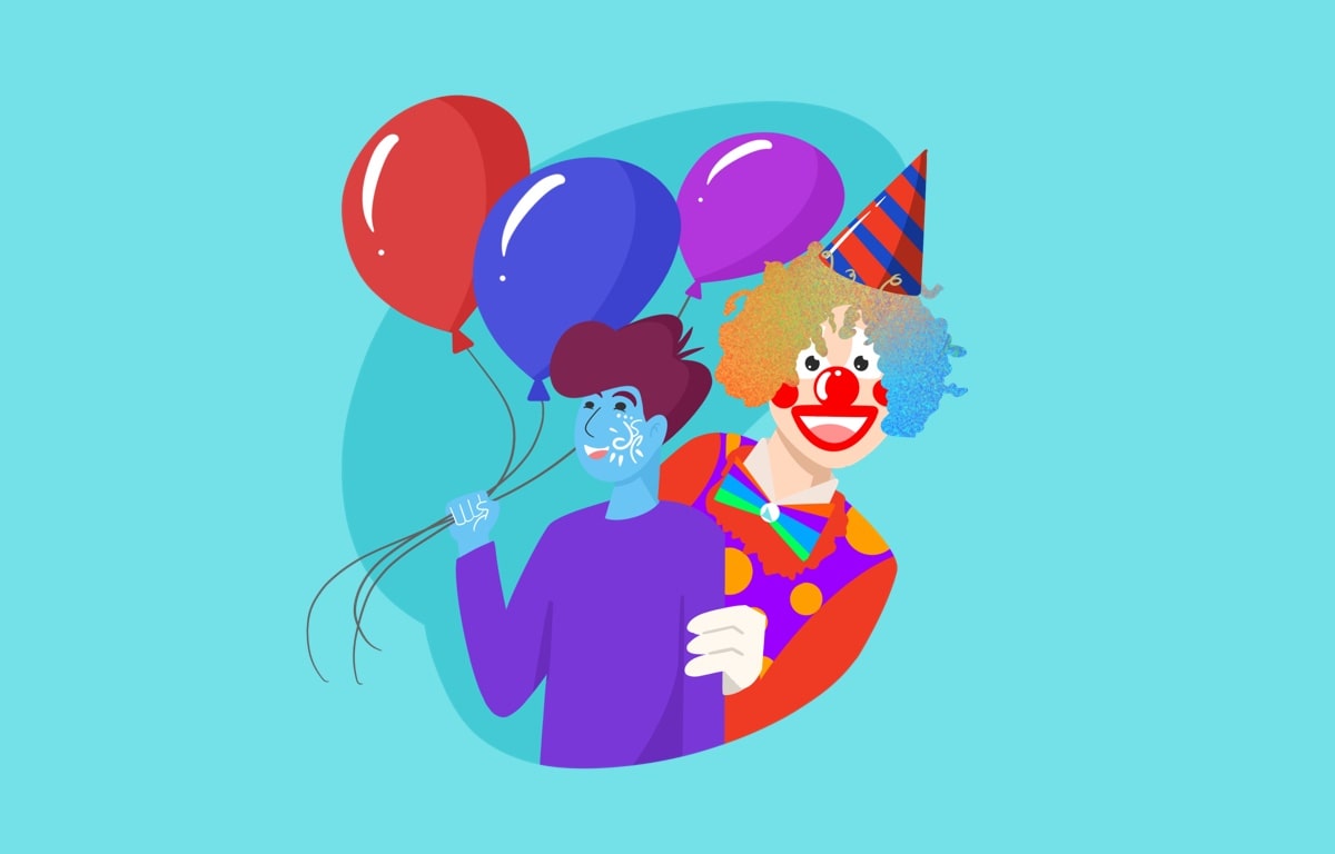 image of a boy and a clown with balloons