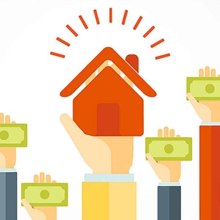 image of a house with people handing over money