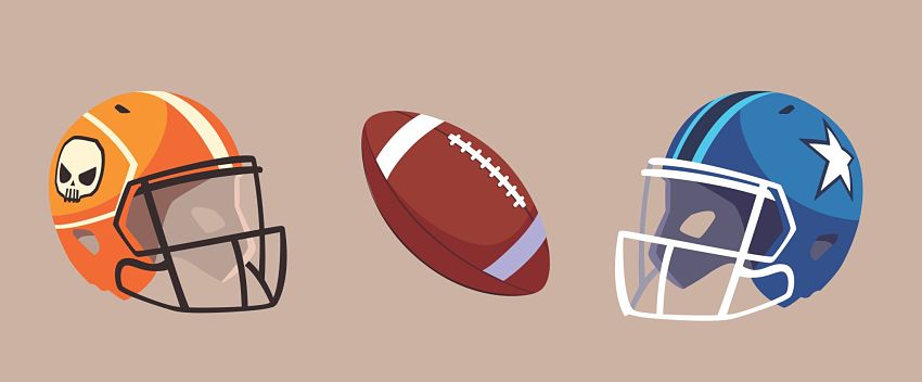 cartoon of a football and two football helmets