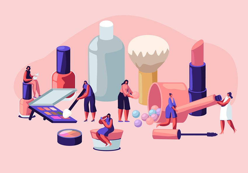 cartoon of women beside giant make up products