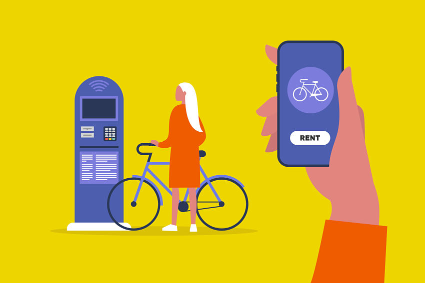 image of a woman renting a bike from her phone