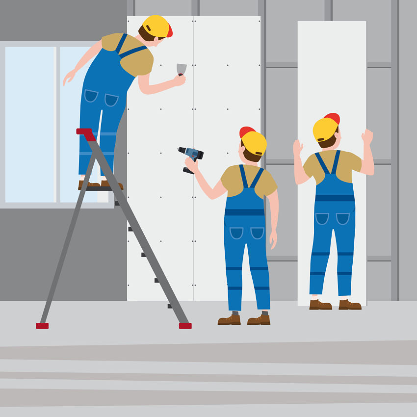 cartoon of men putting up drywall