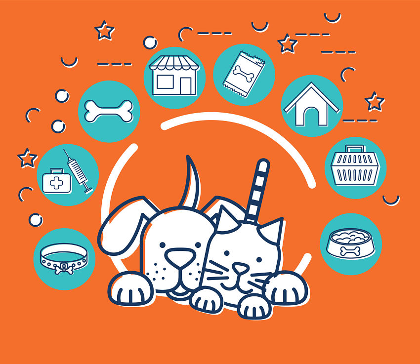 cartoon of a cat and dog with products in bubbles floating around them