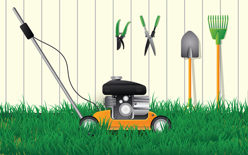 picture of a lawnmower and gardening tools