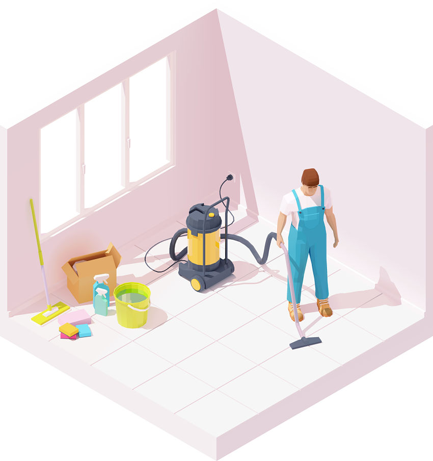 cartoon of a man with a shop vac cleaning a floor