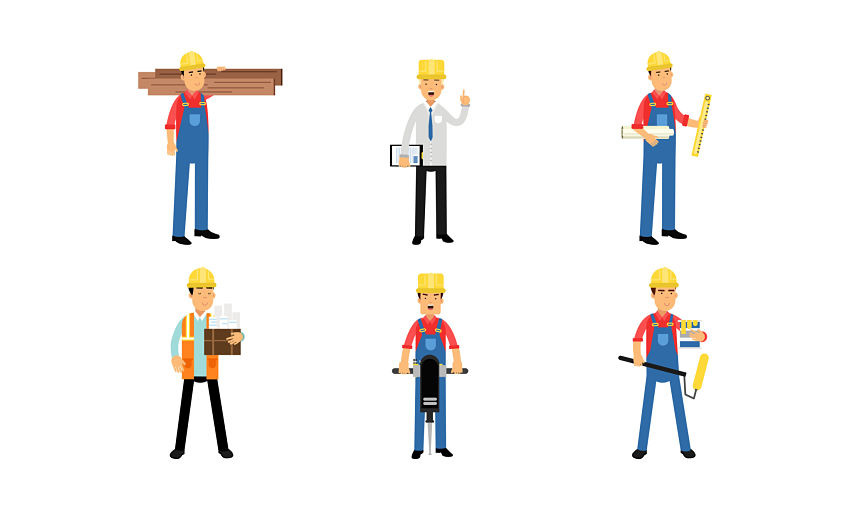 cartoon of men in a variety of construction poses