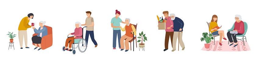 cartoon of seniors being helped by people