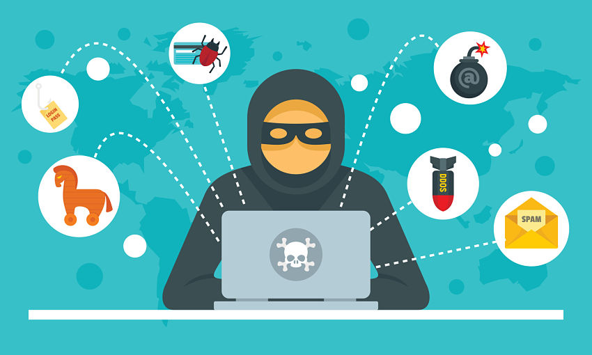 cartoon of a man in a mask hacking a computer