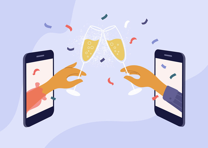 cartoon of hands clinking champagne flutes through cell phones
