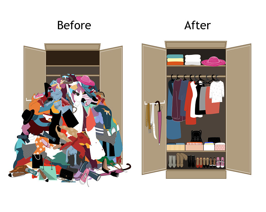 cartoon of a before and after closet reorgnizing