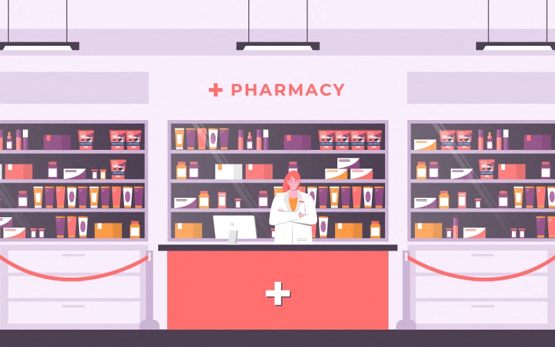 cartoon of the counter of a pharmacy