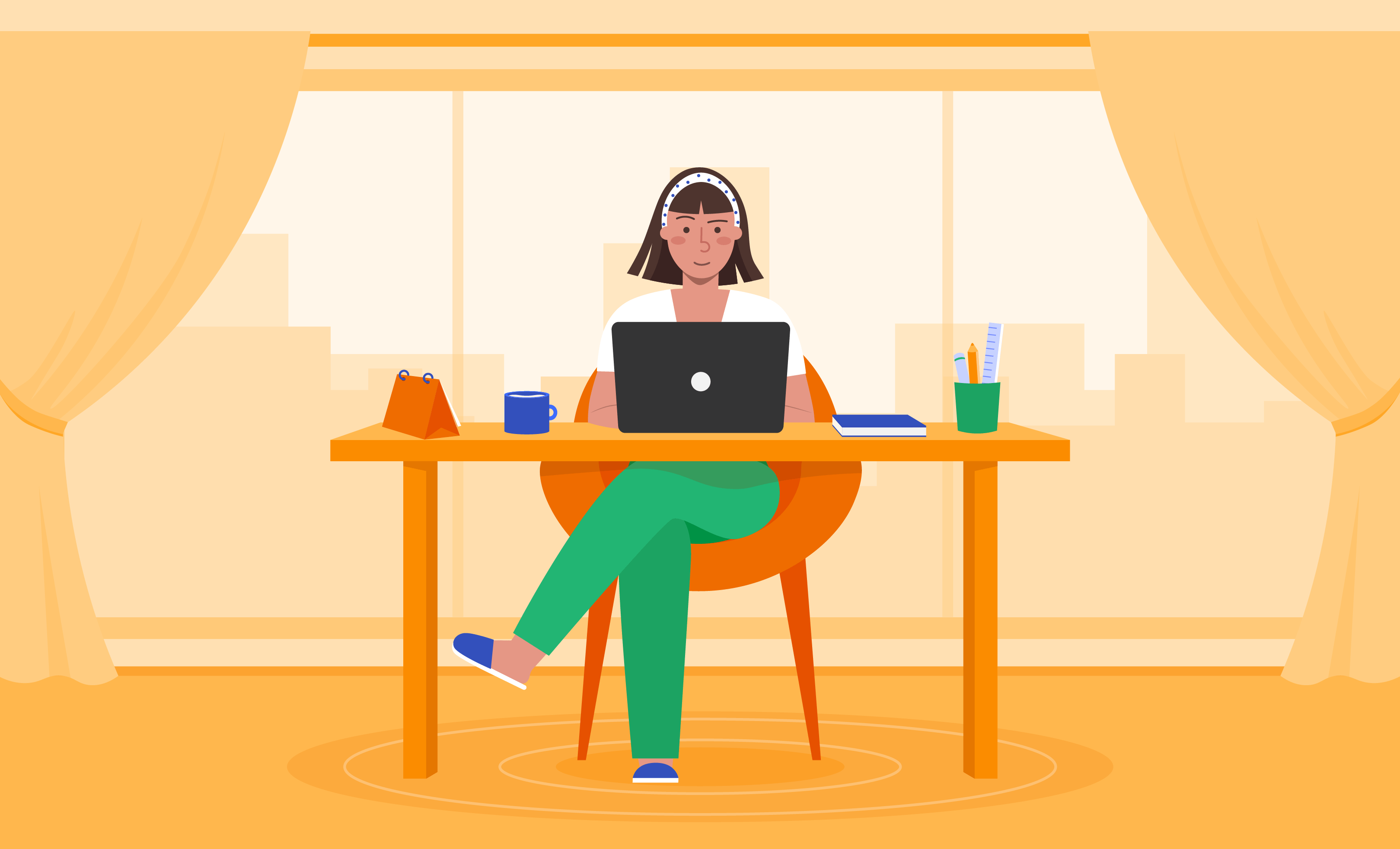 cartoon of a woman sitting a computer at her kitchen table