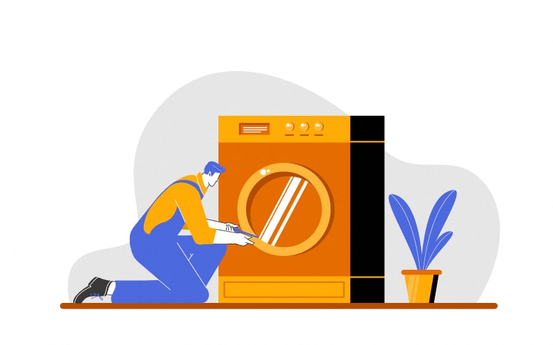 cartoon of a man repairing a dryer