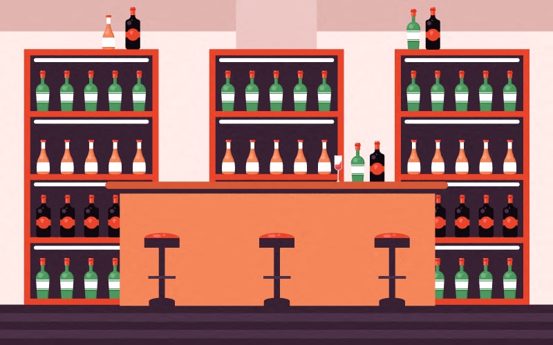 cartoon of a bar with rows of bottles of booze