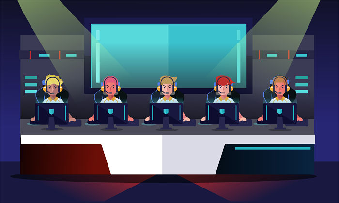 cartoon of people at computers doing esports