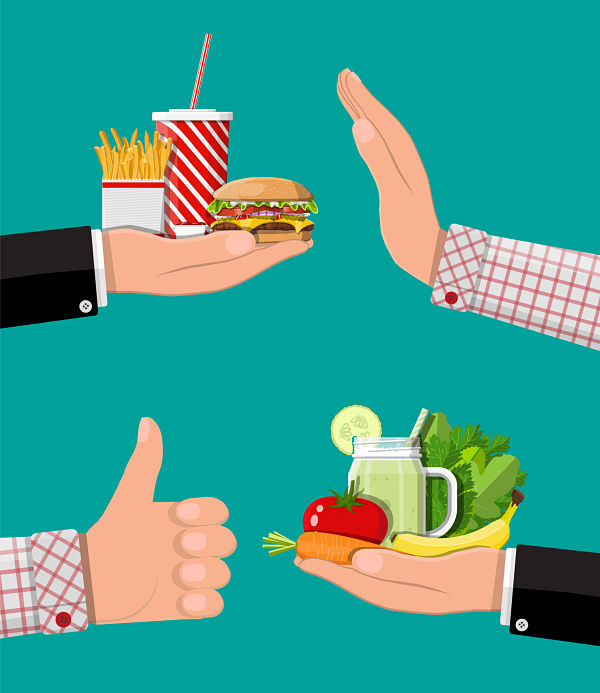 cartoon of hand saying no to fast food and thumbs up to healthy snacks