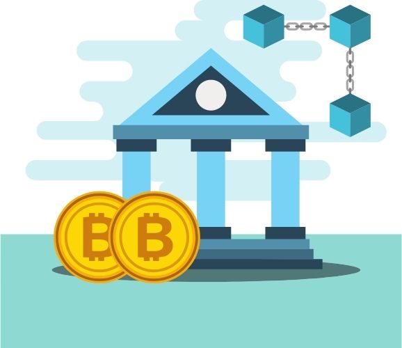 image of a bank with cryptocurrency in front