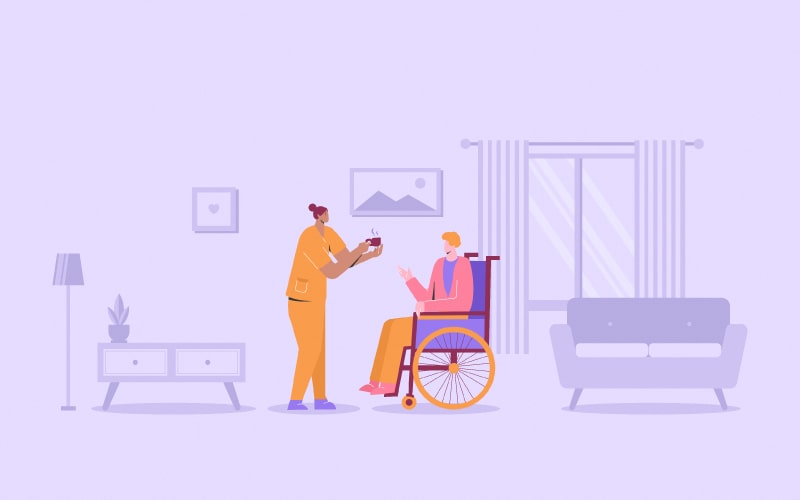 picture of a woman brining a man in a wheelchair a drink of tea