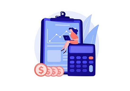 cartoon of a woman with a calculator, money and a ledger