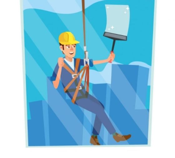 cartoon of a man in a harness washing windows