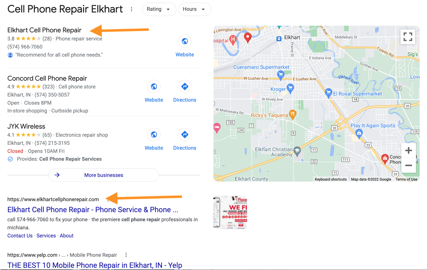 elkhart cell phone repair with top spot in map pack and organic search