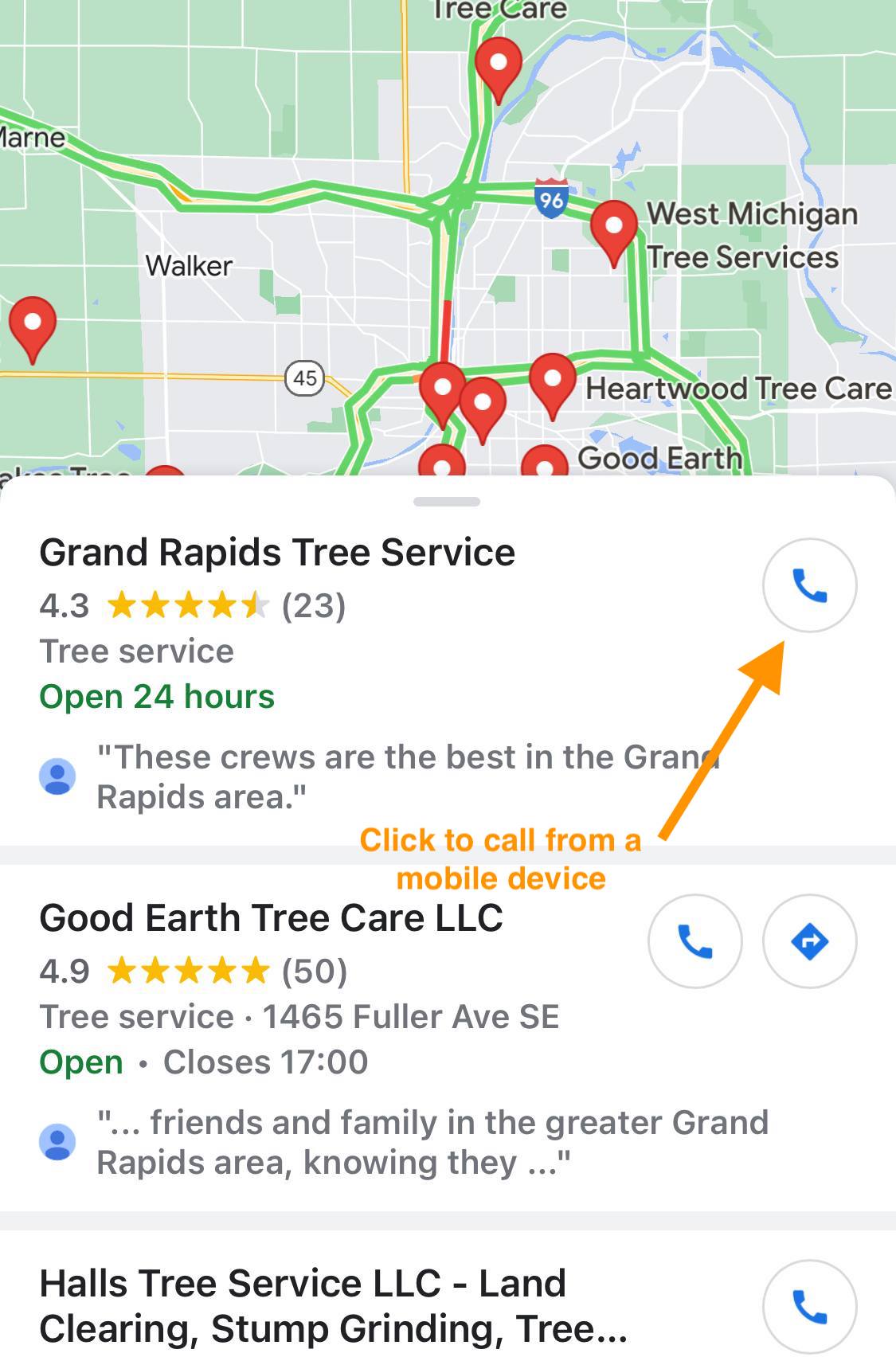 grand rapids tree service GMB with push to call icon