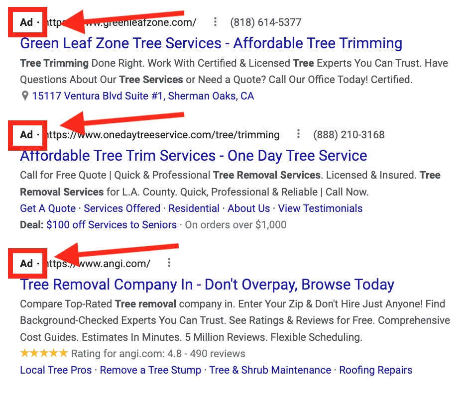 tree service los angeles adwords results