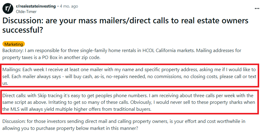 Reddit post on real estate marketing